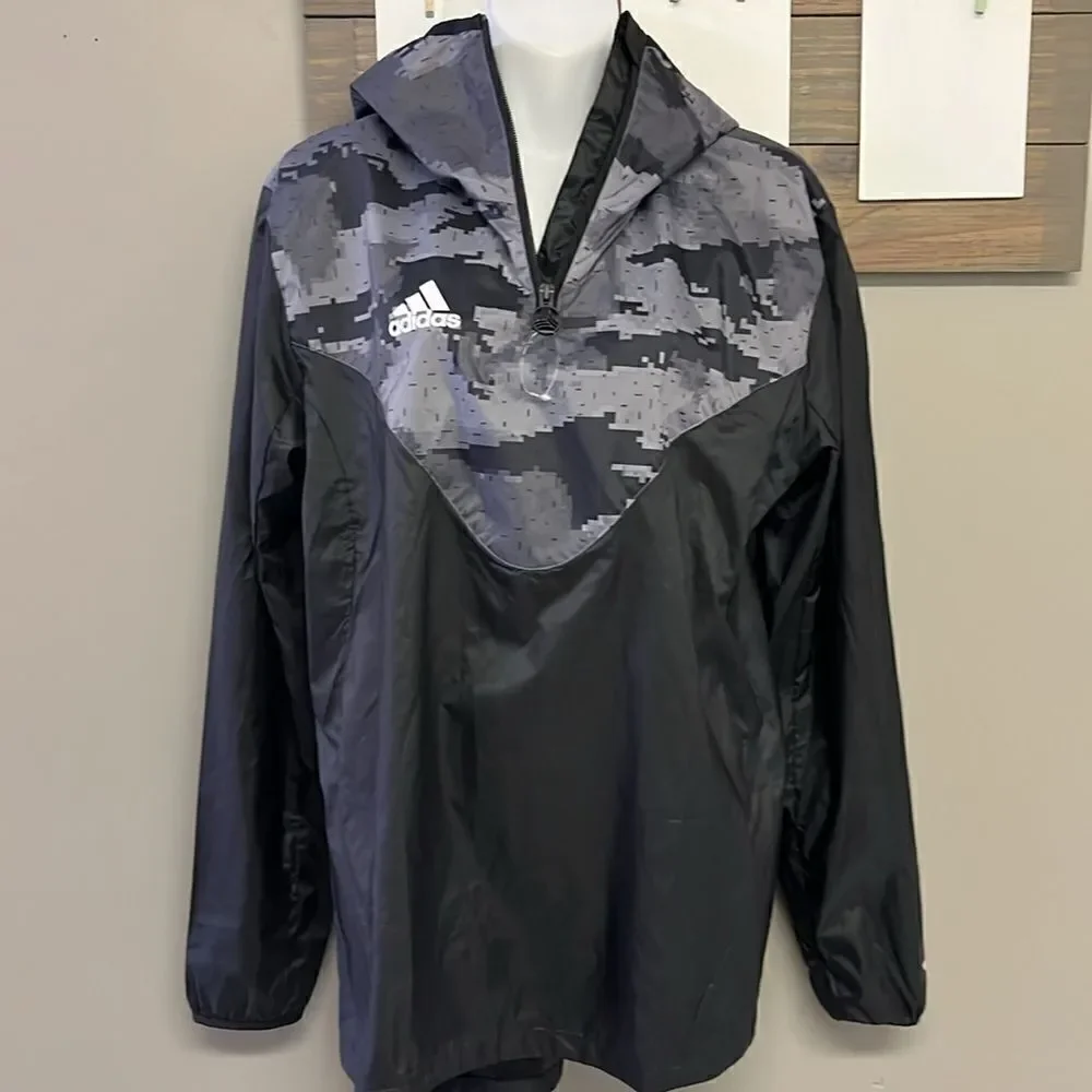 Adidas Black Pullover Camo Hooded Soccer Windbreaker with Longer Back Flap-Small